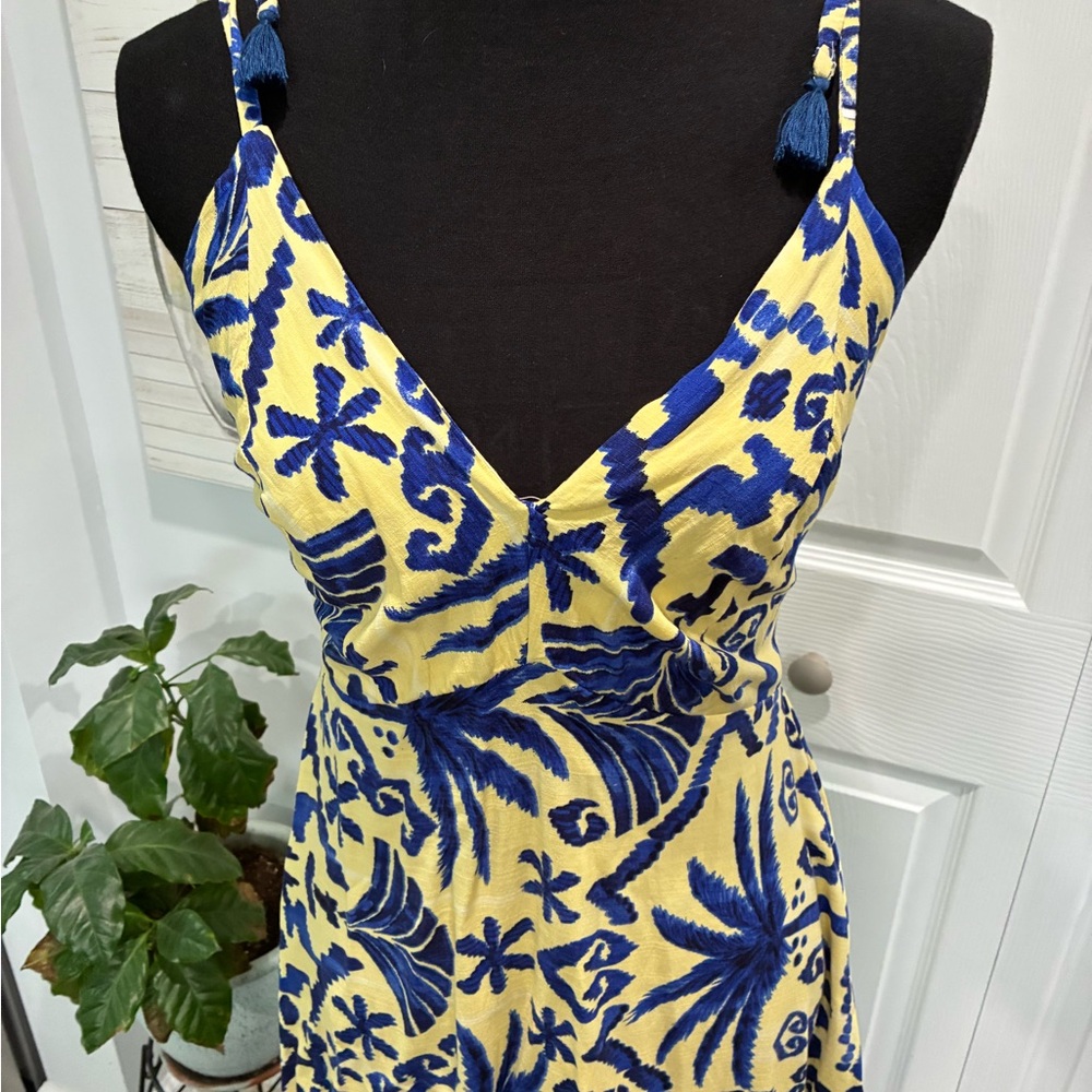 Vibrant Blue and Yellow Tie Shoulder Strap Maxi Dress